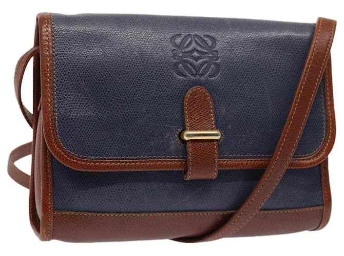 LOEWE anagram Sac à épaule Cuir Bleu Marron Auth 83287  ref.1525632