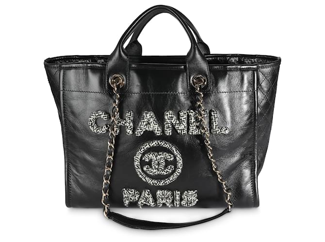 Tote Deauville Large en Tweed en Veau Noir Verni Chanel Cuir  ref.1525879