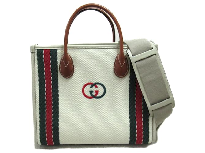 Sac fourre-tout en cuir et coton Gucci 2Way Marron Blanc  ref.1526090