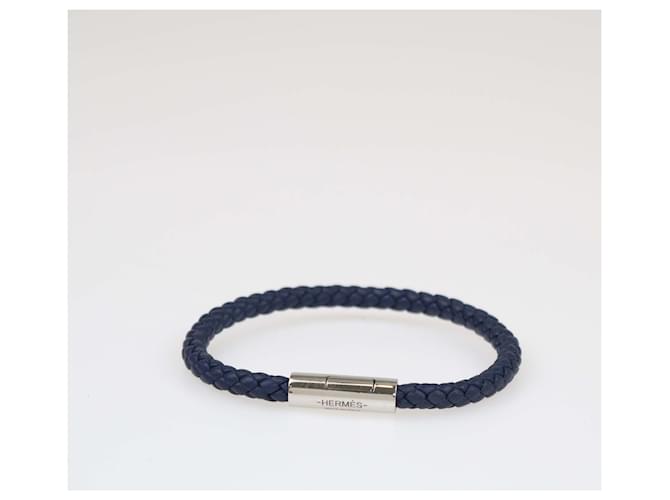 Pulseira de couro trançado azul Goliath da Hermès, banhada a paládio T4  ref.1526343