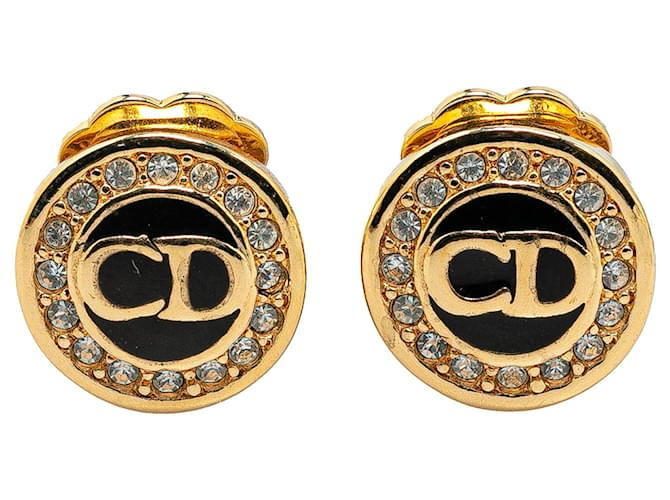 Gold Dior Gold Plated Rhinestone CD Logo Clip-On Earrings Golden  ref.1526369