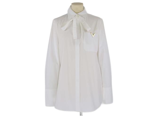 Chemise à manches longues Valentino avec logo V blanc et détails en nœud Coton  ref.1526374