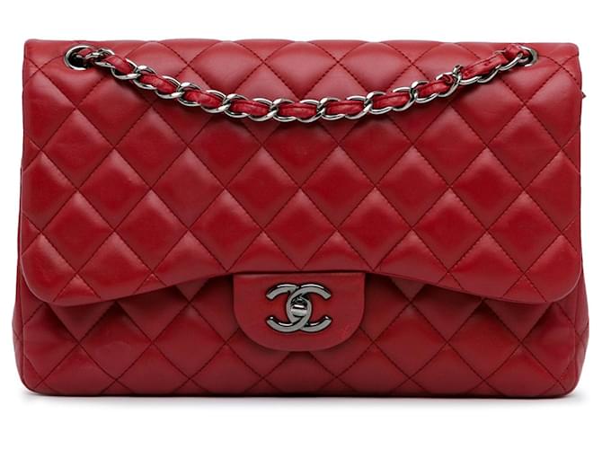 Red Chanel Jumbo Classic Lambskin Double Flap Shoulder Bag Leather  ref.1526394