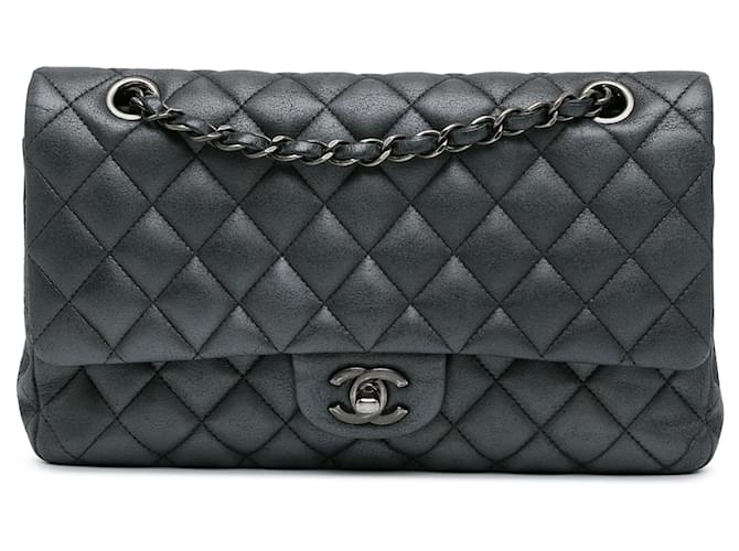 Silver Chanel Medium Classic Lambskin Double Flap Shoulder Bag Silvery Leather  ref.1526399