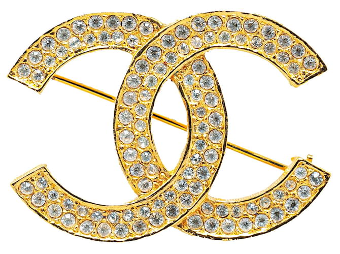 Gold Chanel Coco Mark Rhinestone Brooch Golden  ref.1526464