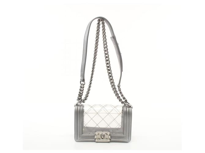 Bolso de Hombro Chanel Boy Plata Cuero Poliuretano  ref.1527893