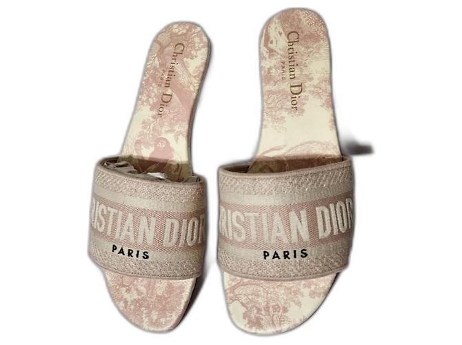 Christian Dior Dior Chanclas Planas Dway de Lona Bordada Rosa/Crema Talla 35 Crudo