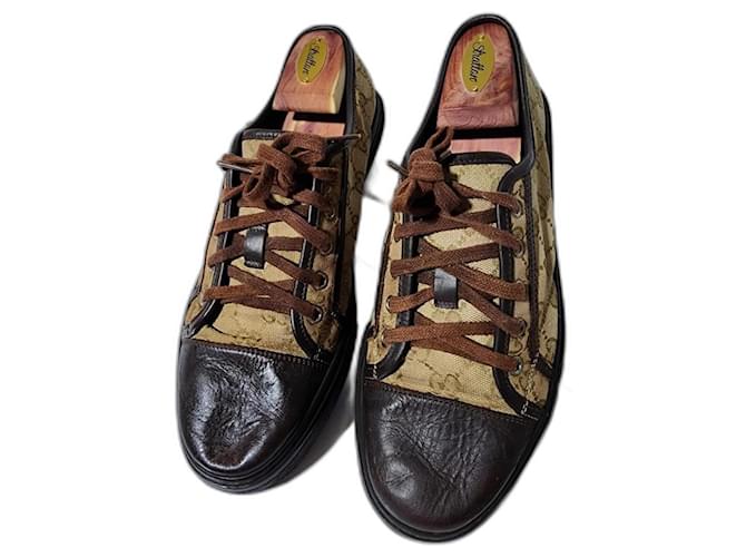 Sneakers in pelle e tela monogram Gucci con lacci marrone beige taglia 7 5 ref.1529550 Joli Closet