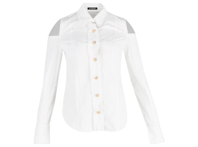 Camisa de botão com ombros descobertos Balmain em algodão branco Cru