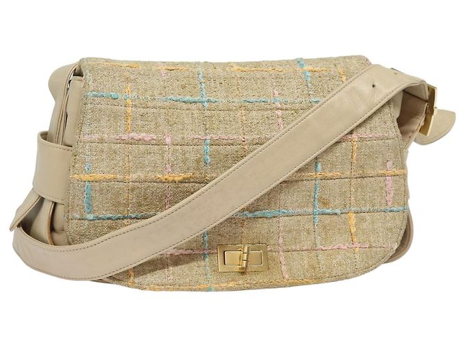 CHANEL Choco Bar Turn Lock Shoulder Bag Wool Multicolor CC Auth bs15780 Multiple colors