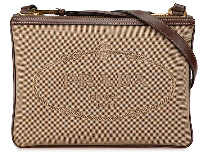 Tan Prada Canapa Logo Double Zip Crossbody Camel Leather  ref.1533932