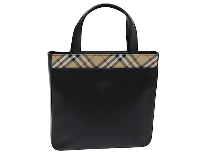 BURBERRY Nova Check Hand Bag Leather Canvas Black Beige Auth 81655  ref.1534388