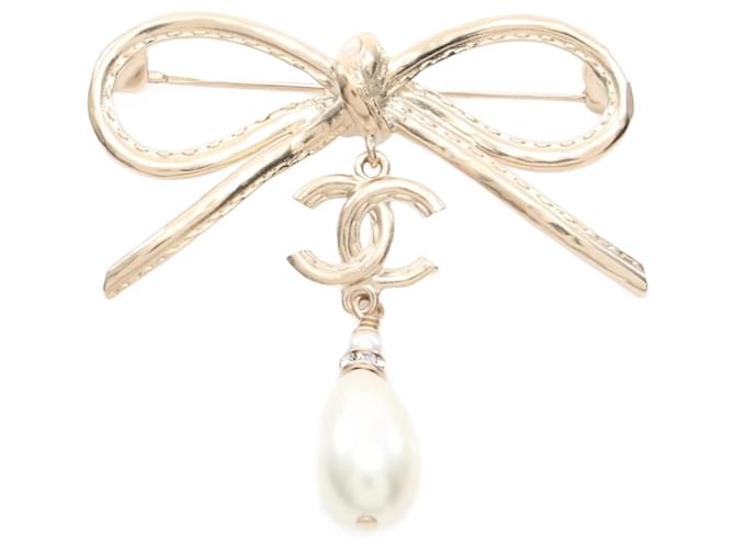 Broche en ruban Chanel Coco Mark Blanc Doré  ref.1534623