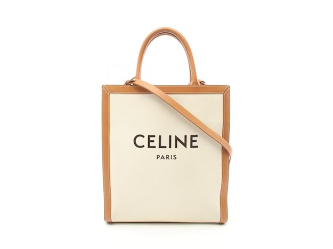 Céline Kleine vertikale Cabas-Tasche von Celine Braun Weiß Leder Leinwand  ref.1534833