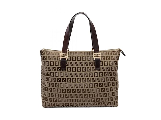 Sac fourre-tout Fendi Zucchino Cuir Toile Marron Beige  ref.1534950