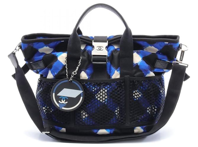 Chanel Airline Tote Bag Black White Blue Leather Nylon  ref.1535037