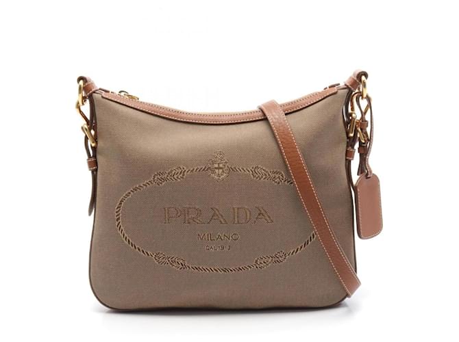 Borsa a spalla in jacquard con logo Prada Marrone Cachi Pelle Panno  ref.1535354