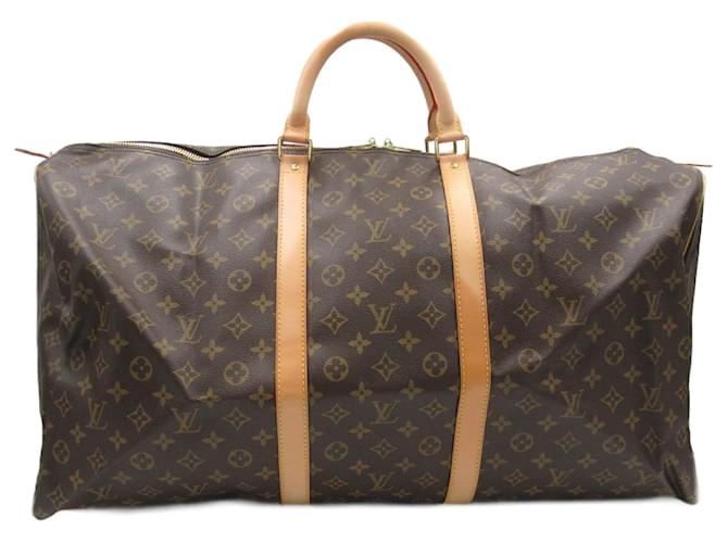 Bolsa Boston Keepall 60 Louis Vuitton Marrom Couro envernizado Lona Plástico  ref.1535555