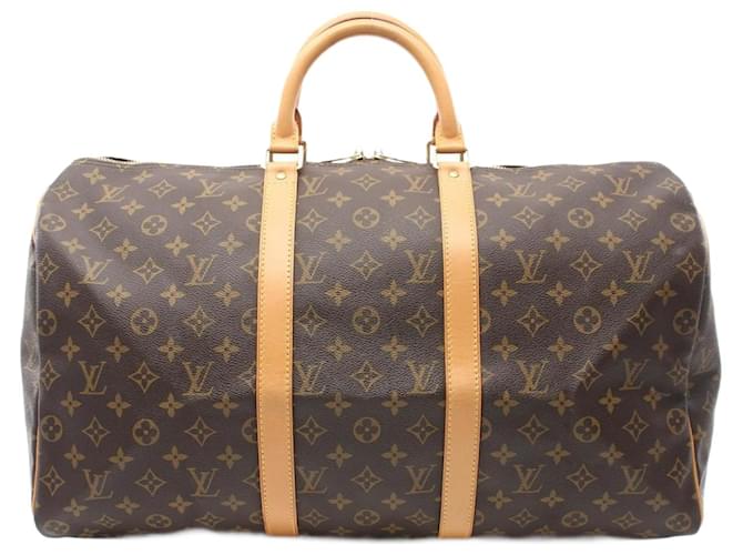 Bolsa Boston Monogram Keepall 50 da Louis Vuitton Marrom Couro Couro envernizado Lona Plástico  ref.1535557