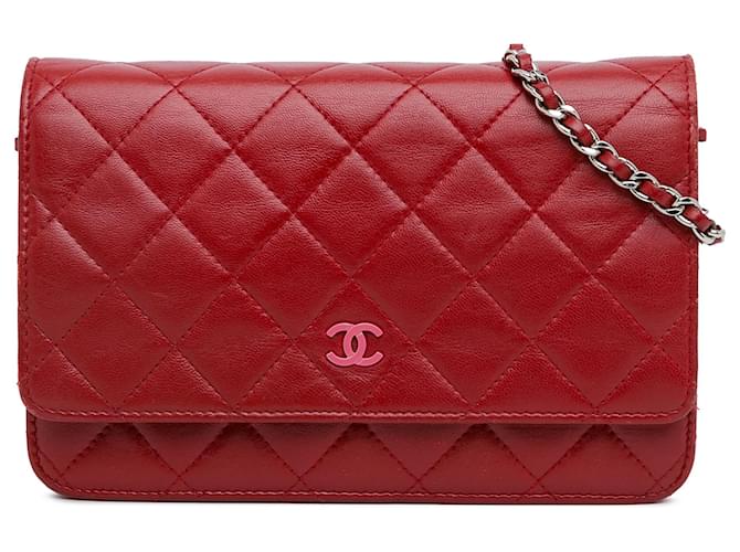 Chanel Red Classic Lambskin Wallet on Chain Leather  ref.1535600