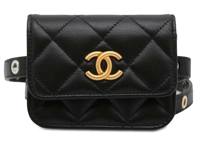 Bolsa de cinto com aba em couro de cabra matelassado preto Chanel Punk Essentials  ref.1535643