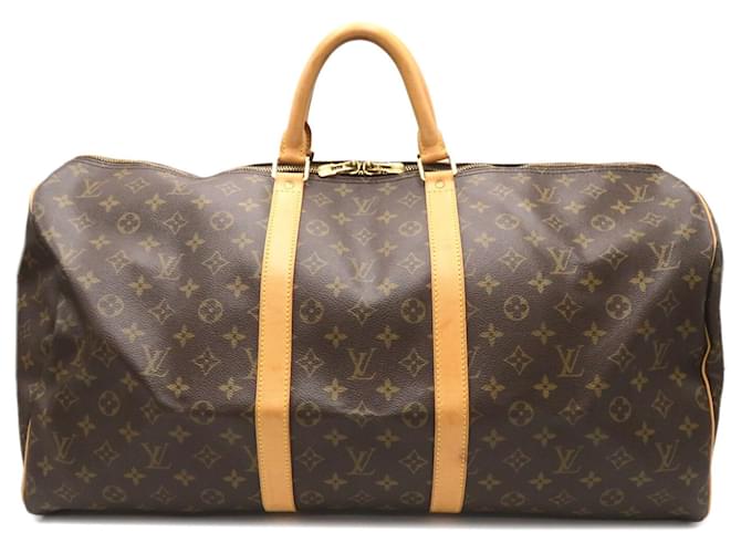 Bolsa Boston Keepall 55 Louis Vuitton Marrom Couro envernizado Lona Plástico  ref.1535736