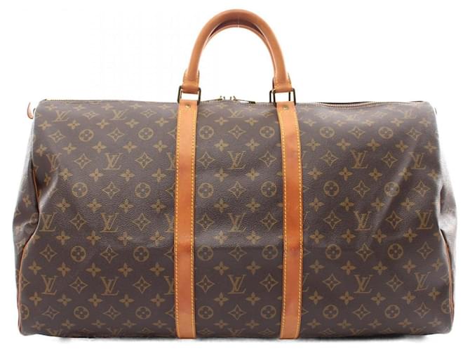 Bolsa Boston Monogram Keepall 55 da Louis Vuitton Marrom Couro Lona  ref.1535762