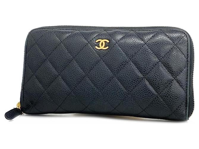 Chanel Langer Geldbeutel aus schwarzem Kaviarleder  ref.1536451