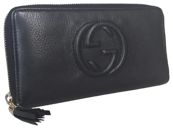 Cartera larga con cremallera redonda entrelazada Gucci Soho Negro Cuero  ref.1536975