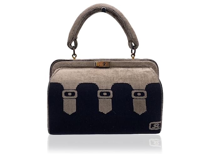 Autre Marque Vintage Beige and Black Velvet Doctor Bag Handbag  ref.1537556