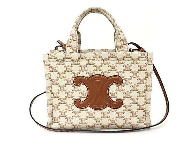 Céline Cabas Thais Triomphe en toile Celine Small Cuir Marron Beige  ref.1537694