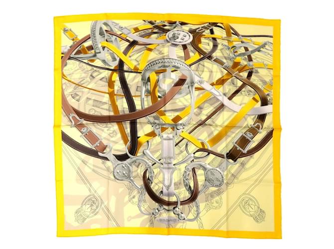 Hermès Hermes Carre 90 Cavalcadour Voltigeur Silk Scarf Brown Silvery Yellow  ref.1537825