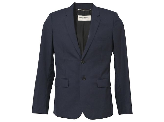 Saint Laurent Single Breasted Blazer in Navy Blue Wool