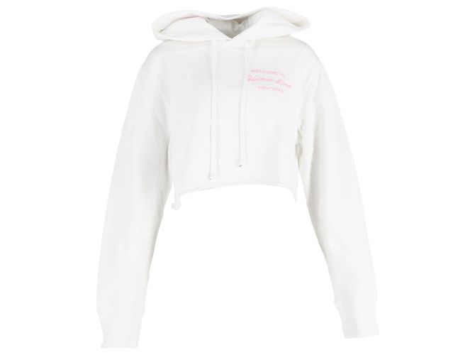 Helmut Lang Cropped Slogan Embroidered Hoodie In White Cotton