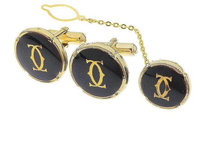 Conjunto de Abotoaduras Cartier Preto e Ouro Dourado