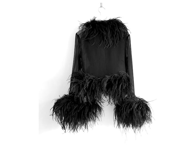 Saint Laurent SS21 Ostrich Feather Trim Silk Blouse Black  ref.1539225