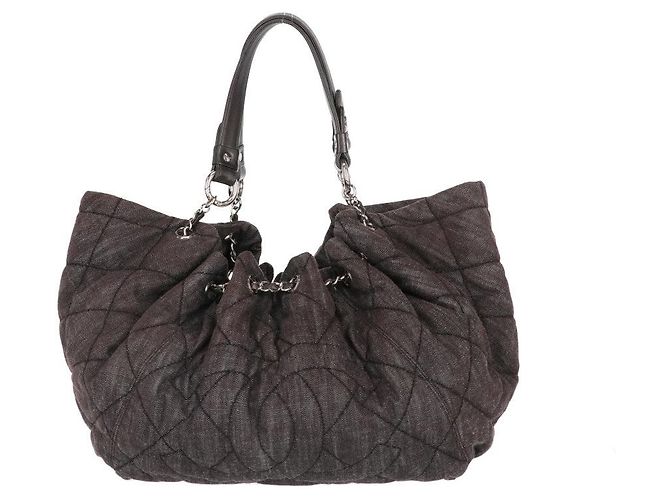 Bolsa de ombro de denim acolchoado marrom Chanel - anos 2000