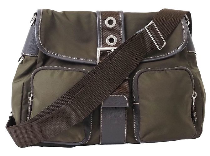 Borsa a spalla in nylon khaki Prada