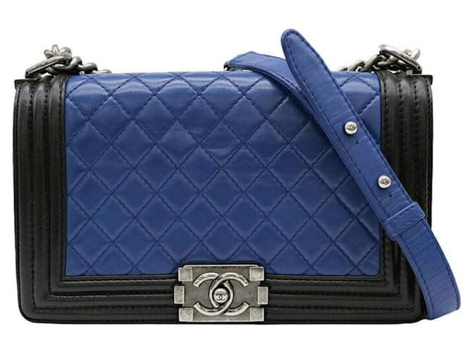 Le Boy Bolsa de Ombro Chanel Boy Chanel Chain Preto Azul Couro  ref.1539682