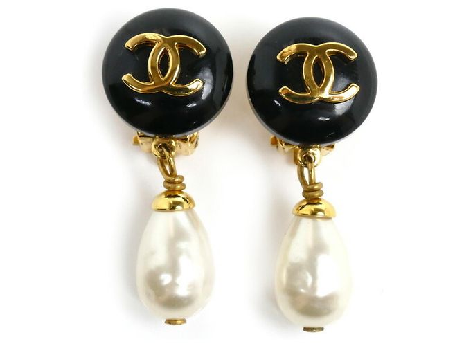 Orecchini a clip Chanel GP perle finte Coco Mark Nero D'oro