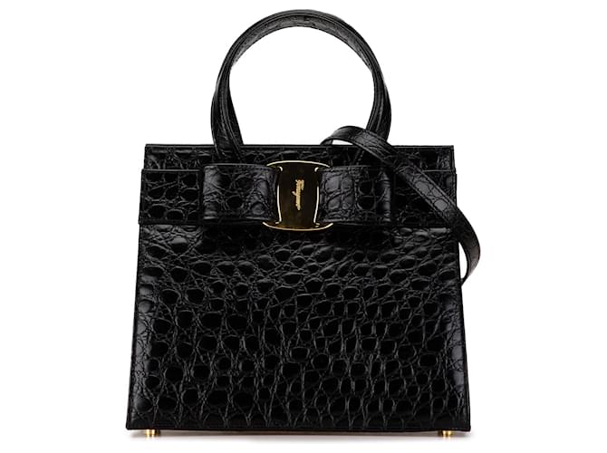 Salvatore Ferragamo Sac à main Vara Bow en cuir croco noir de Ferragamo  ref.1539864