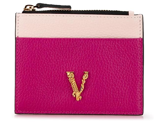 Porte-cartes en cuir bicolore Virtus avec logo Versace rose  ref.1539931