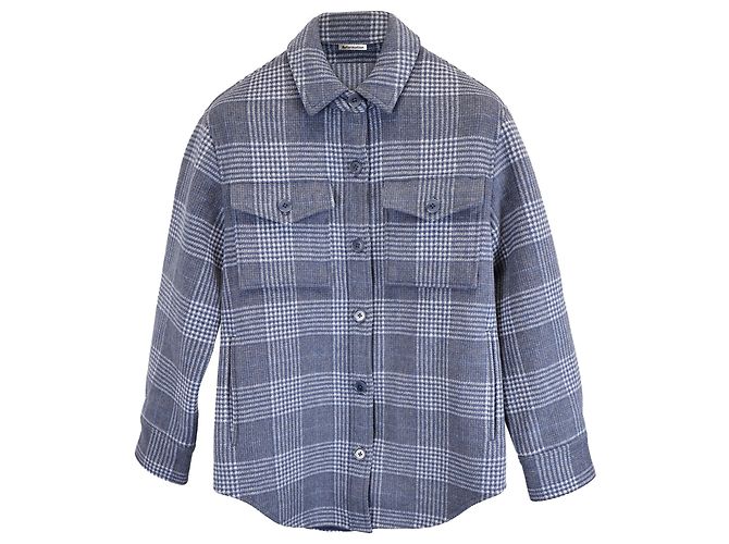 Reformation Karomuster Button-Down Jacke aus blauer Wolle