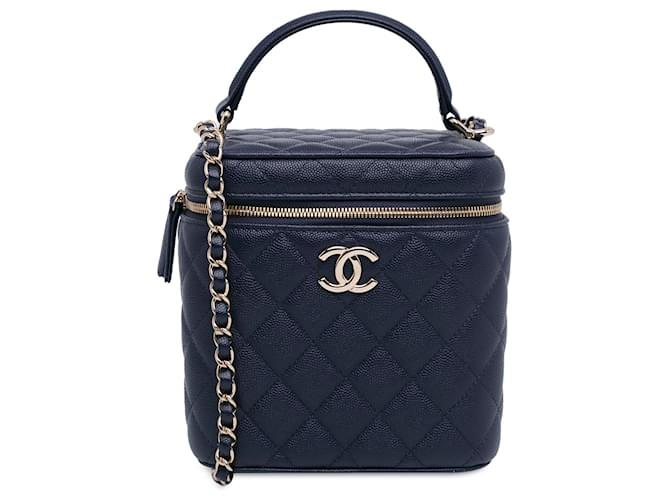 Chanel Blue CC Quilted Caviar Top Handle Vanity Case with Chain Navy blue Leather  ref.1543463