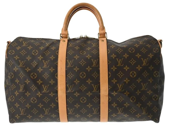 Louis Vuitton Monogram Keepall Bandoulière 50 Cuir vernis Toile Marron  ref.1544283