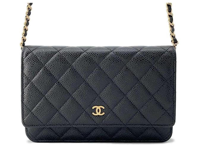 Portefeuille à chaîne matelassé classique Chanel Cuir Noir  ref.1544530