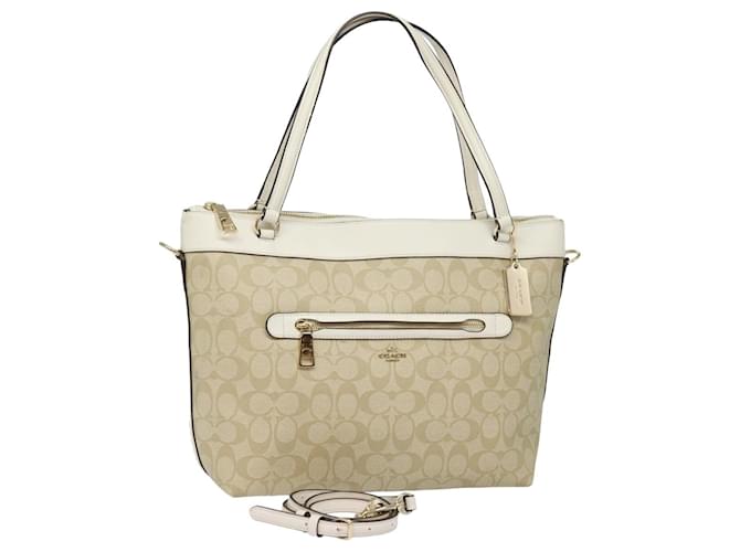 Sac fourre-tout Coach Signature en cuir PVC 2 en 1 beige et blanc Auth am6455  ref.1544754