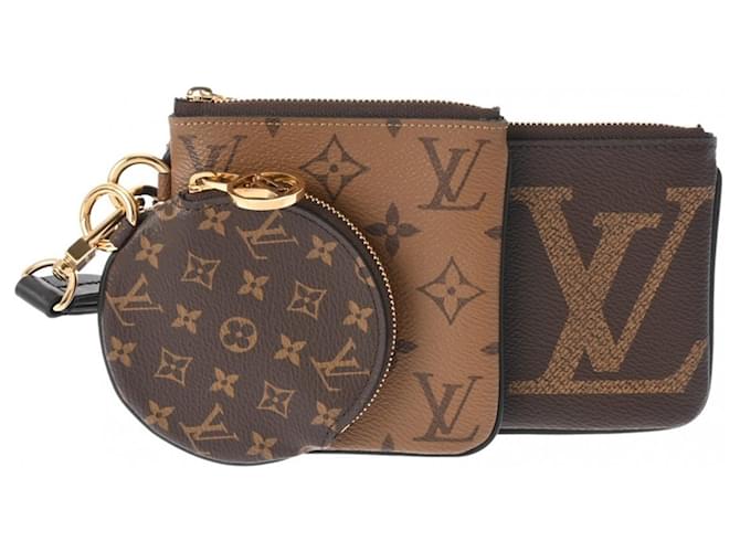 Pochette Trio Gigante Monograma Reverso Louis Vuitton Marrom Bege Couro envernizado Lona  ref.1545038