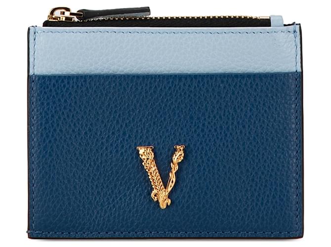 Porta-cartões azul com logo Virtus da Versace Couro  ref.1545251