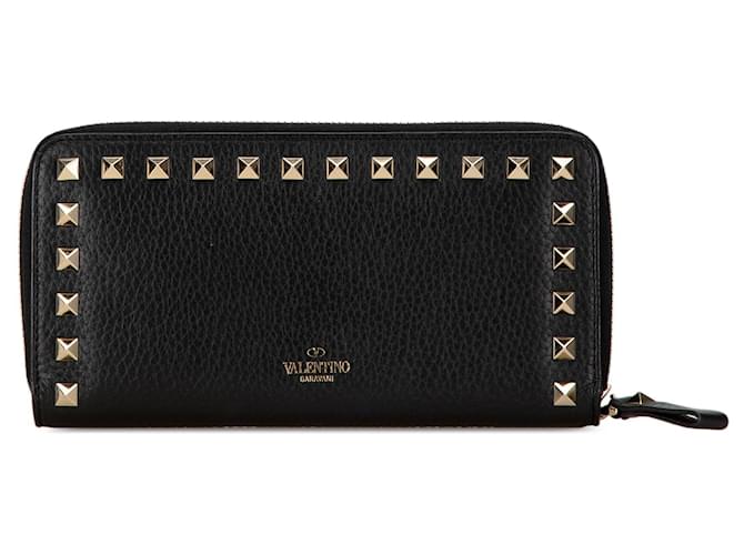 Black Valentino Rockstud Zip Around Leather Long Wallet  ref.1545252